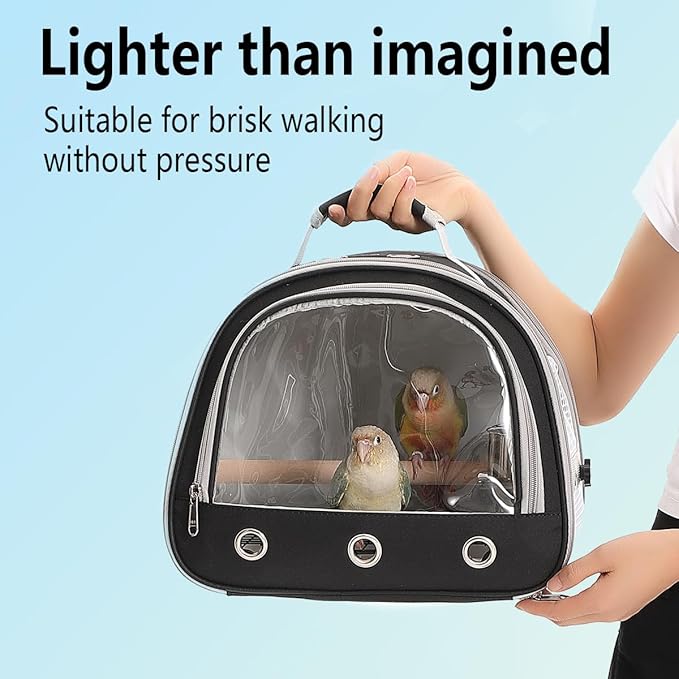 Bird Carrier,Bird Cage Parakeet Parrot Budgie Carrier Backpack for Small Birds, Travel Bird Cages with Perch, Transparent Ventilation Cockatiels, Lightweight Pet Carrier for Outdoor Use(Black)