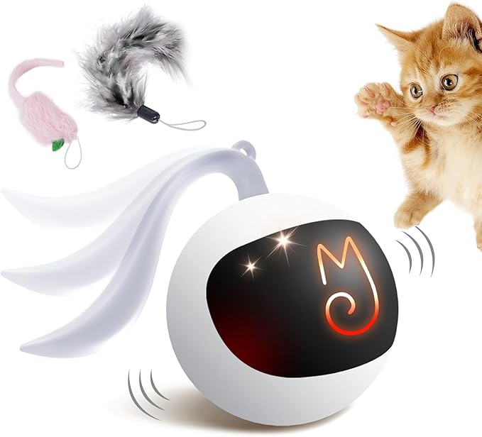 Migipaws Interactive Cat Ball Toy Set, Fun Tracker, Automatic Rolling Chase Ball with Fluffy Tail, A Small Mice, Rechargeable (White)