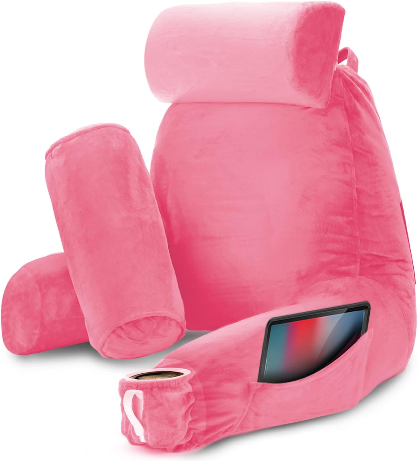 Nestl Reading Pillow with Shredded Memory Foam Includes 2 Neck and Lumber Support Pillows, Designed for Sitting Up in Bed and Couch, Back and Arms Adjustable Support for Adult & Teens, Light Pink