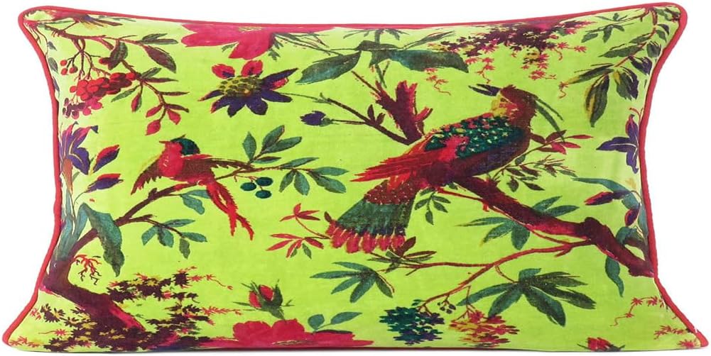 Eyes of India Velvet Floral Flower Bird Throw Pillow Sofa Cushion Cover Case Couch Colorful Boho Chic Bohemian Accent Indian Handmade (Light Green, 20" x 12")