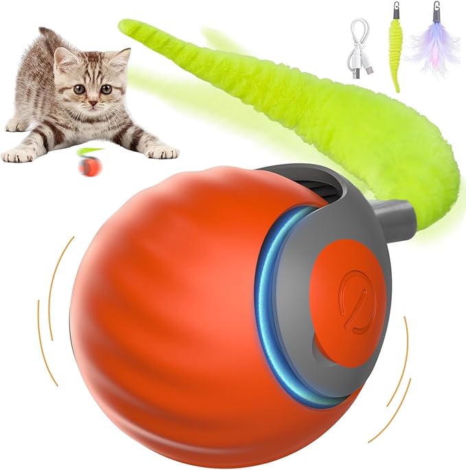 Interactive Cat Toys for Indoor Cats, Automatic Speedy Moving Cat Toy Turbo Ball with Tail 3.0 for Bored Indoor Adult Cats, Rechargeable Chase Motion Activated Kitten Toys - Orange