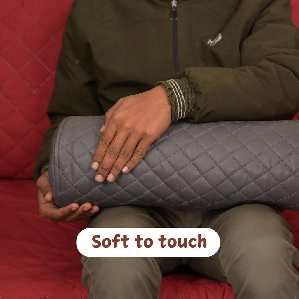 Neck Roll Pillow Cushion Cover, 18x5 Inch Full Moon Round Bolster Pillow Case, Cylinder Soft Lambskin Leather Pillowcase for Head, Spine & Neck Support During Sleep - Quilted Grey Pack of 2