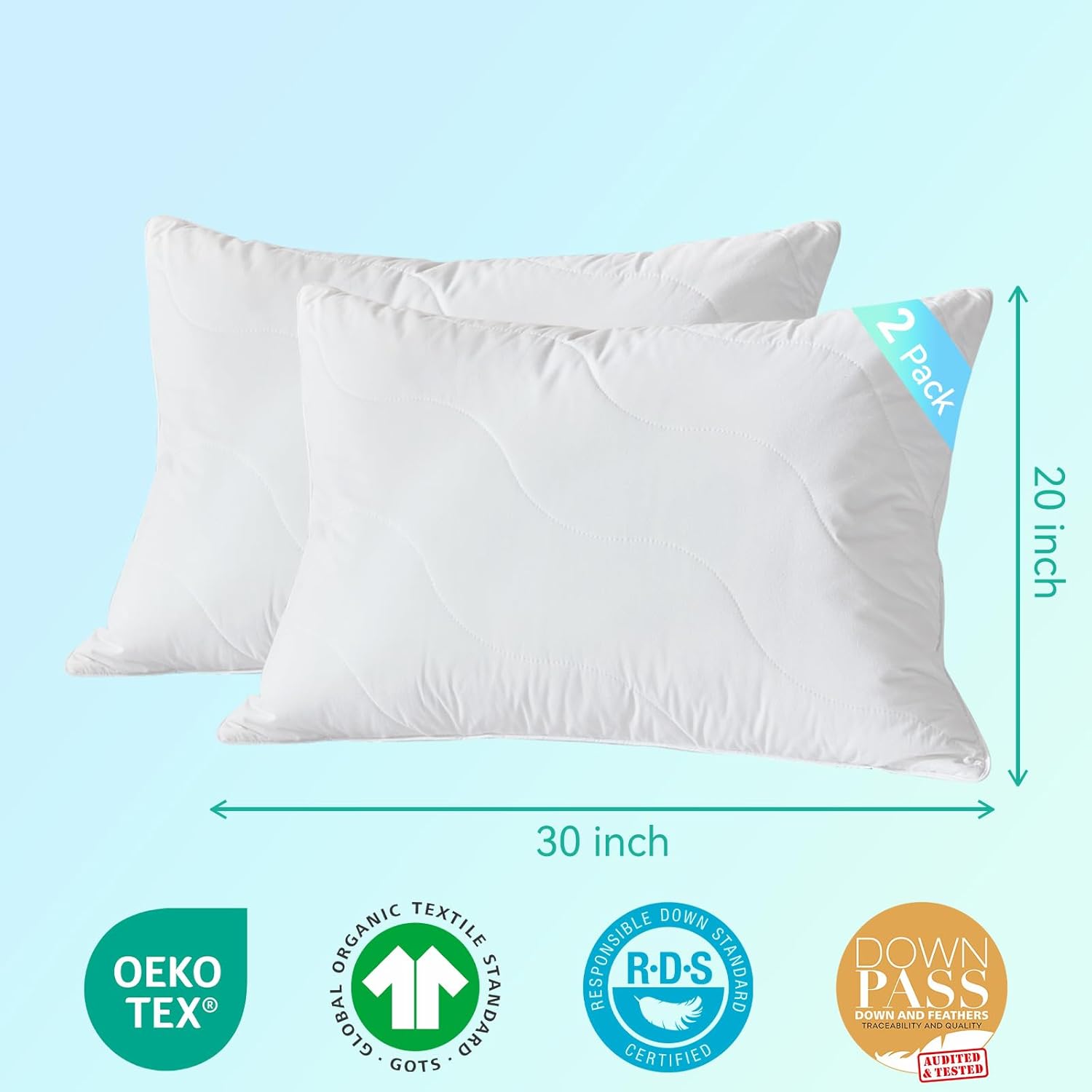 Three Geese White Goose Feather Down Pillows Queen Size Set of 2-100% Cotton, Medium Firm,Soft Support