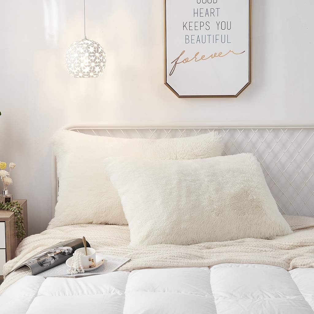 Uhamho Set of 2 King Faux Fur Throw Pillow Covers Soft Velvet Decorative Pillowcases Zipper Closure(20 x 36 Inches Light Beige)