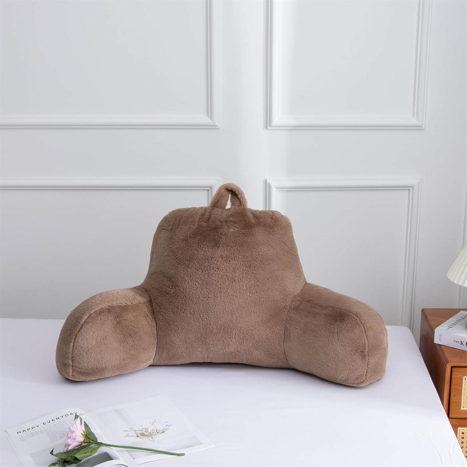 A Nice Night Faux Fur Reading Pillow Bed Wedge Large Adult Children Backrest with Arms Back Support for Sitting Up in Bed/Couch for Bedrest,Khaki