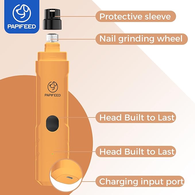 PAPIFFEED Dog Nail Grinder Upgraded with 2 LED Lights, 3-Speed Rechargeable & Quiet - Upgraded Electric Pet Nail Trimmer for Small Medium Large Dogs & Cats, Painless Paws Grooming Tool - Orange