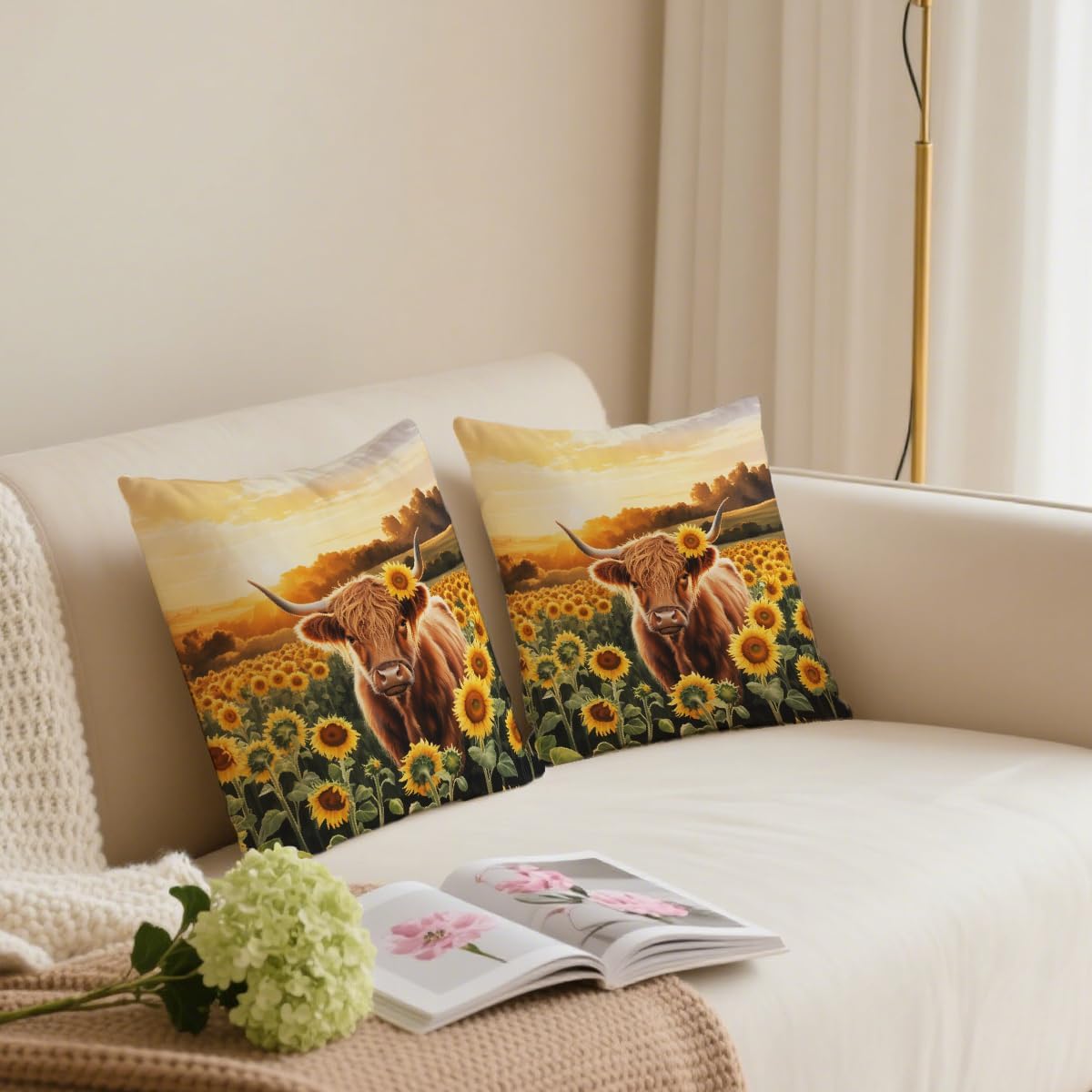 2 Pcs Highland Cow With Sunflowers Decorative Throw Pillow Covers, Spring Outdoor Pillowcase Cotton Linen Farmhouse Cushion Case for Couch Sofa Bedroom Apartment Dorm Living Room Office Home Decor
