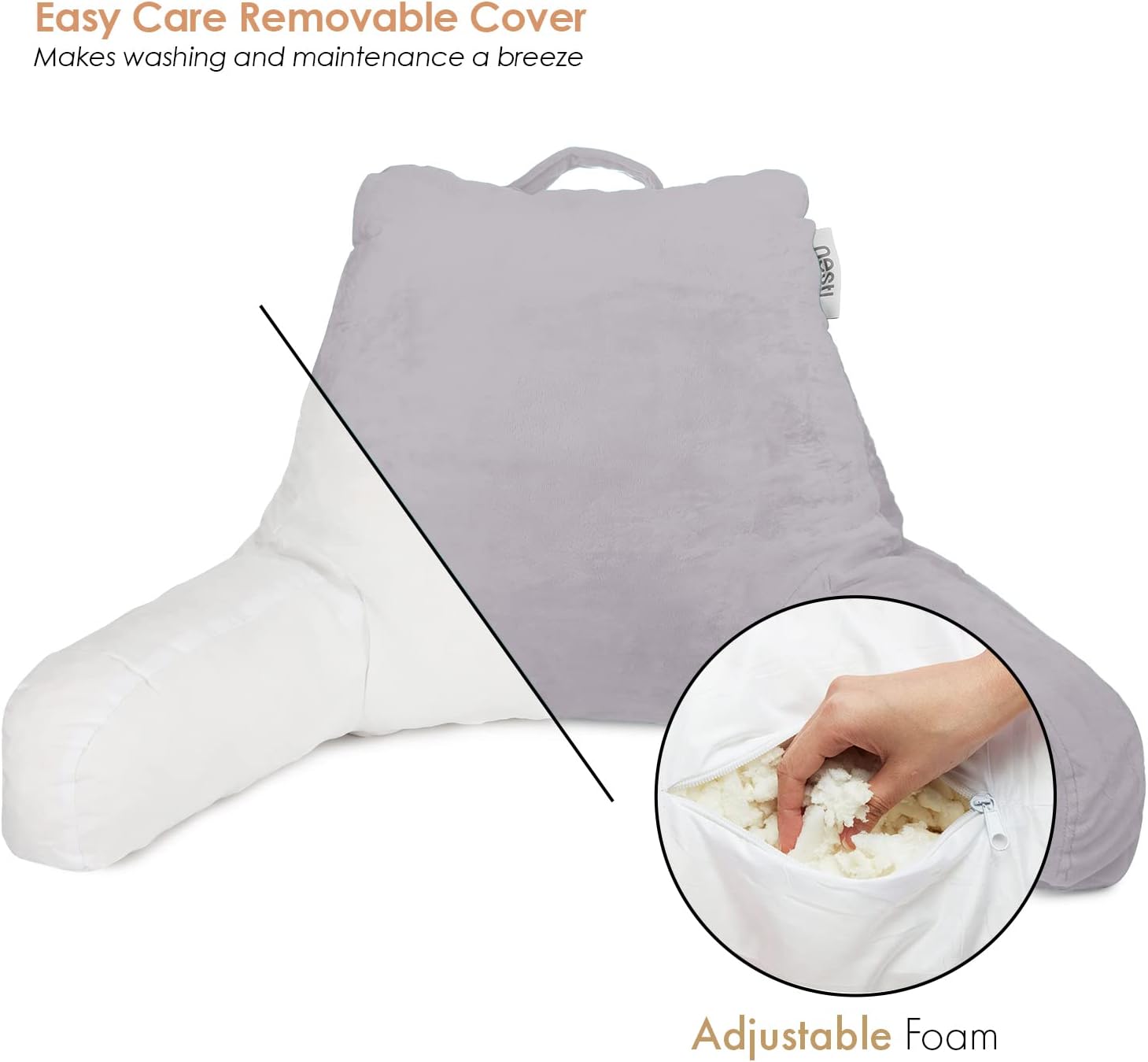 Nestl Reading Pillow with Shredded Memory Foam, Designed for Sitting Up in Bed and Couch, Back and Arms Adjustable Support for Adult & Teens Backrest Pillows for Reading, Washable Cover, Grey Lavender