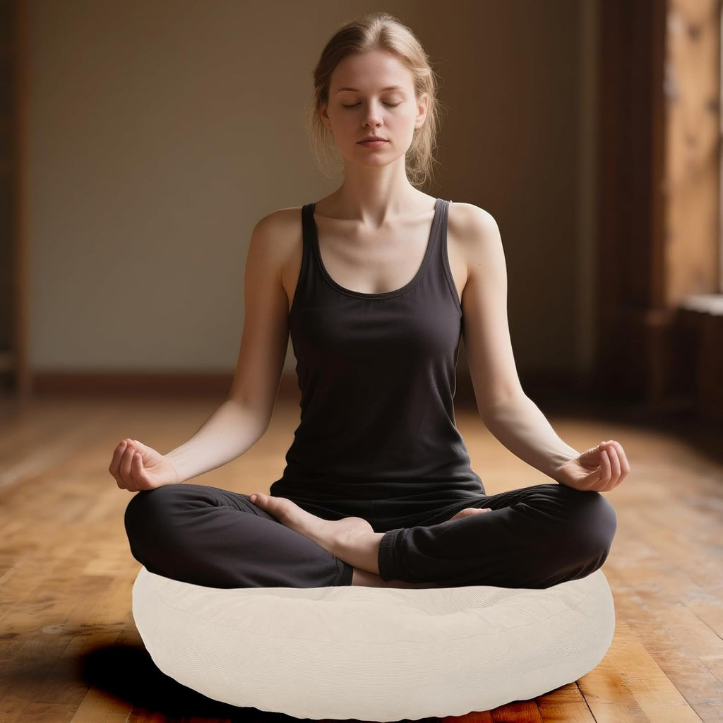 Meditation Floor Pillow Set of 2, Round Large Pillows Seating for Adults, Tufted Corduroy Cushion for Tatami Living Room, 22x22 Inch FP-Beige-R