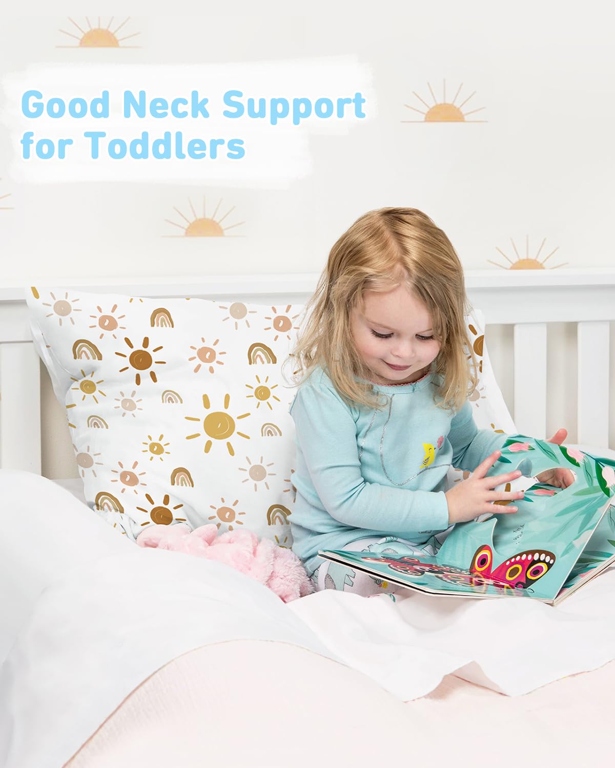 Babebay 2-Pack Toddler Pillow,13X18 Cotton Toddler Pillows for Sleeping, Machine Washable Kids Pillows with Pillowcase, Perfect for Travel, Toddlers Cot (Sunny Rainbow)