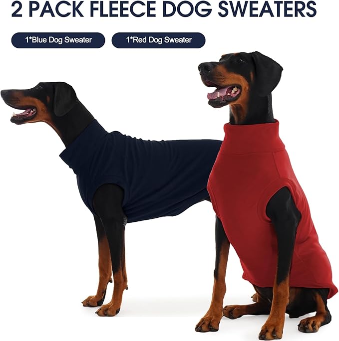 IECOii 2 Pack Dog Fleece Sweater, Warm & Soft, Stretchy & Cozy Large Pets Coats for Boy Girl with Leash Hole, Dogs Sweaters for Outdoor Activities in Fall & Winter (Size XL, Blue & Red)