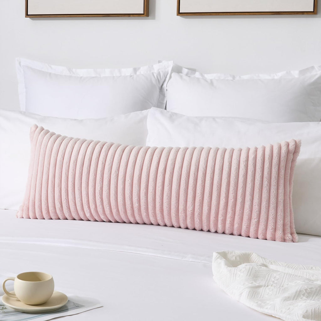 Kevin Textile Soft Plush 14x36 Inch Long Lumbar Pillow Cover 1 Pack, Luxury Fluffy Faux Fur Striped Flannel Rectangle Body Cushion Case for Girls Gift Couch Sofa Chair Bed Home Decor, Light Pink