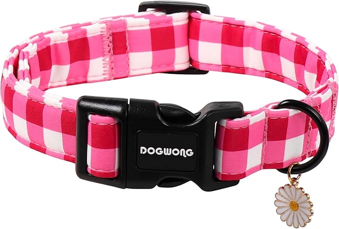 DOGWONG Pink Plaid Dog Collar- Cute Pink Checkered Dog Collar Girl Feamle Dogs Collars for Small Medium Large Dogs S