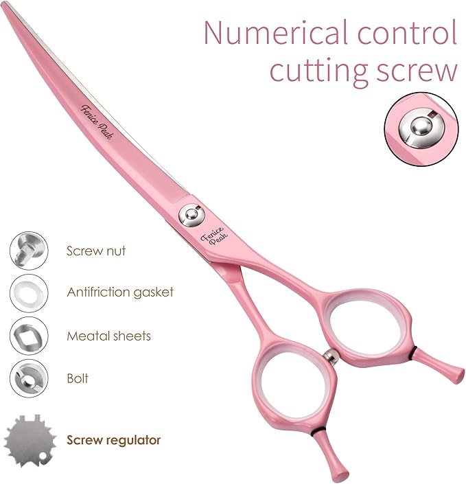 Fenice Peak Curved Dog Grooming Scissors with Pink Color Coating 440C Stainless Steel Pet Grooming Bending Shears Sharp and Durable Comfortable Engonomic Handle