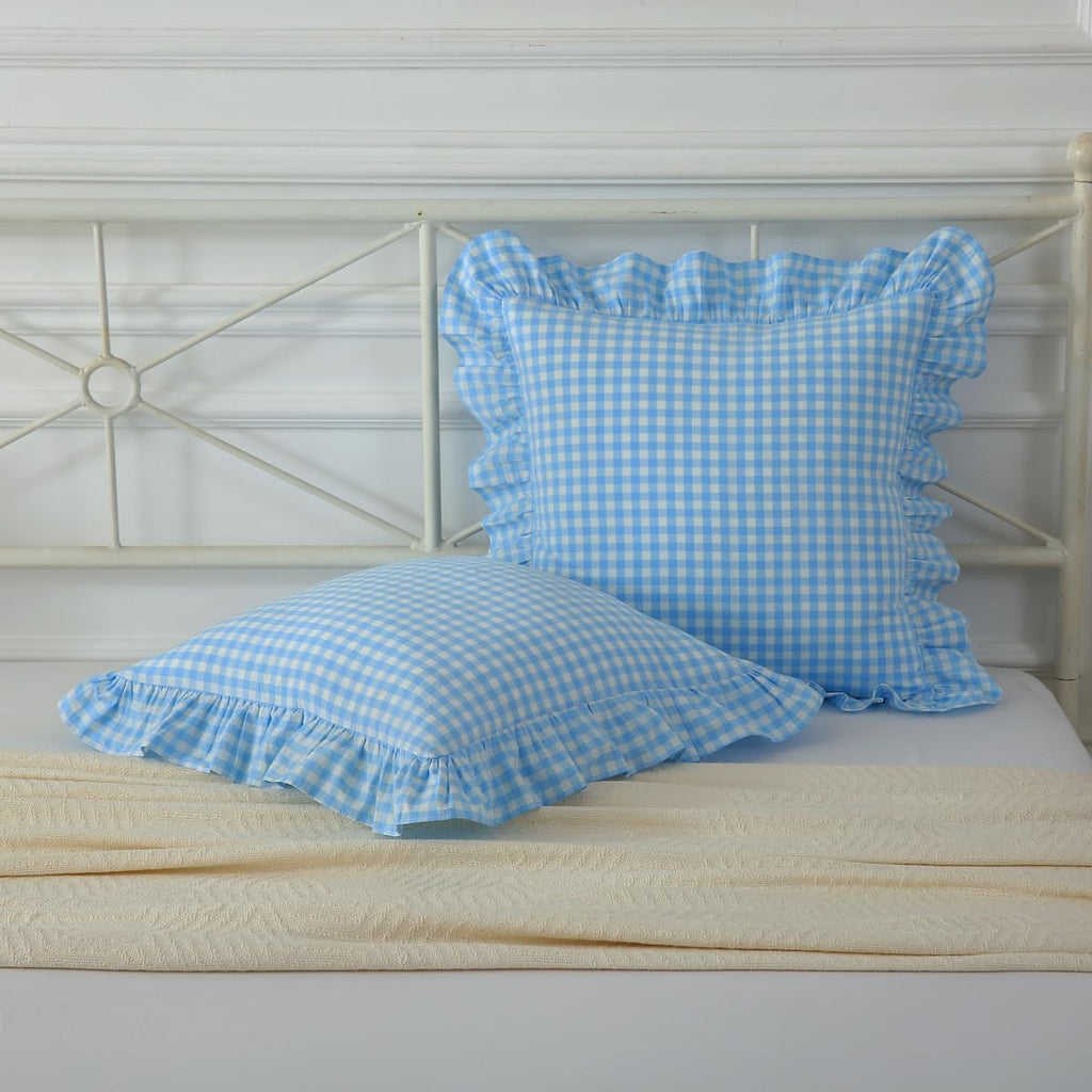 2 Pack Vintage Sky Blue Plaid Ruffle Throw Pillow Covers,Washed Cotton Checkered Gingham Pillow Covers 20"x20" for Sofa,Couch,Bed and Living Room