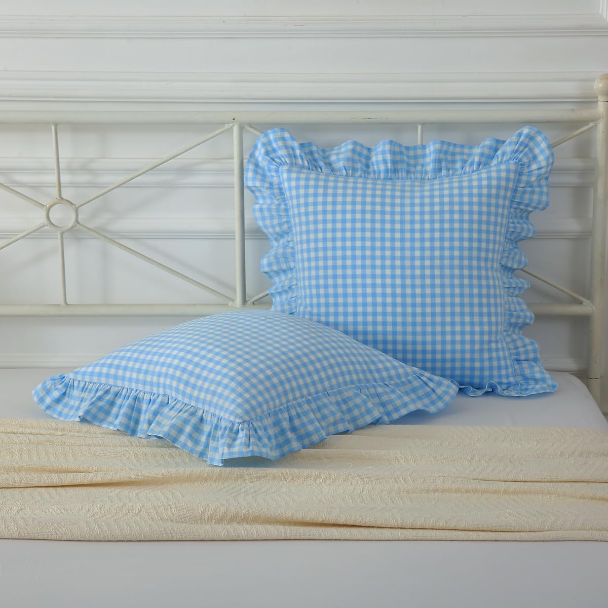 2 Pack Vintage Sky Blue Plaid Ruffle Throw Pillow Covers,Washed Cotton Checkered Gingham Pillow Covers 20"x20" for Sofa,Couch,Bed and Living Room