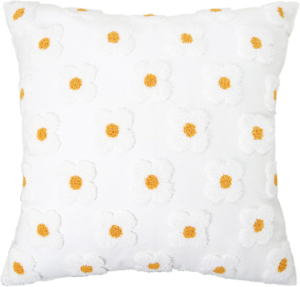 DECOBIRD Embroidery Throw Pillow Cover 20x20 Beige Floral Design Home Decor Loop Embroidered Pillow Case Thick Cotton Canvas Square Cushion Cover for Couch 50x50cm, 4 Petal Flowers 1 Piece