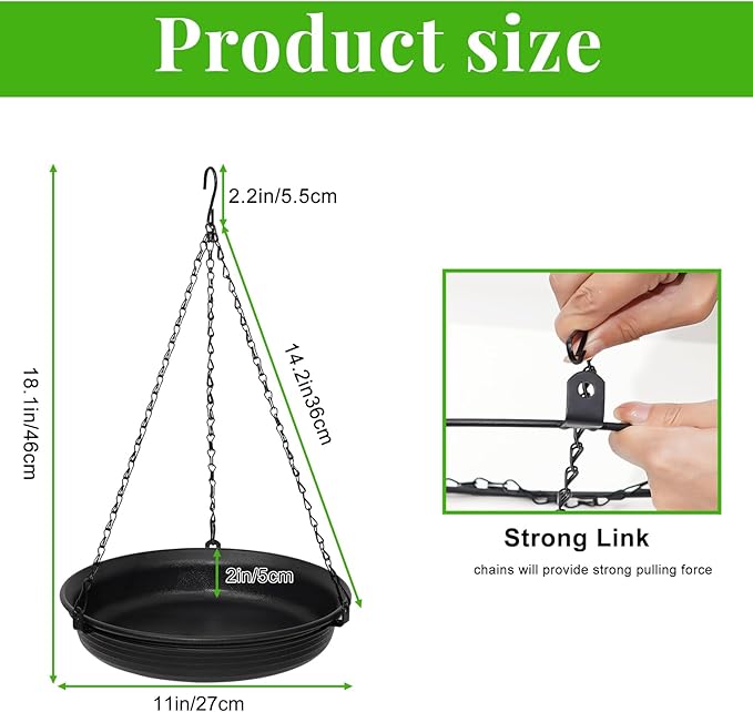Hanging Bird Bath for Outdoors, Bird Feeder Bowl for Outdside, Birdbath Water Feeder Tray for Backyard Garden Yard Patio Decoration (Black)
