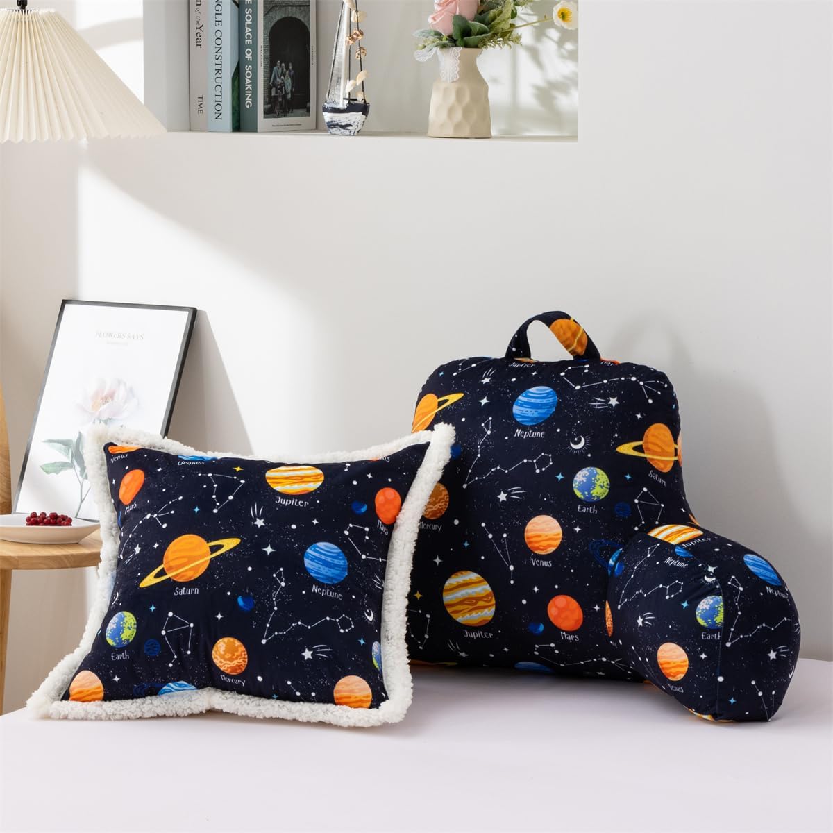 NTBED Galaxy Planet Printed Reading Pillow Bed Wedge Backrest with Arms, Couch TV Relax Bed Rest Pillow Back Support Cushion for Kids Teens Boys Girls