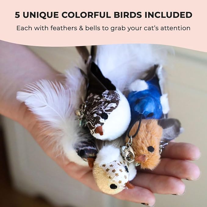 Interactive Bird Simulation Cat Toy Set, Interactive Cat Toys for Indoor Cats, Cat Feather Toy, Self-Holding Suction Base, 5 Replacement Birds, Feathers & Bells, Realistic Bird Impression