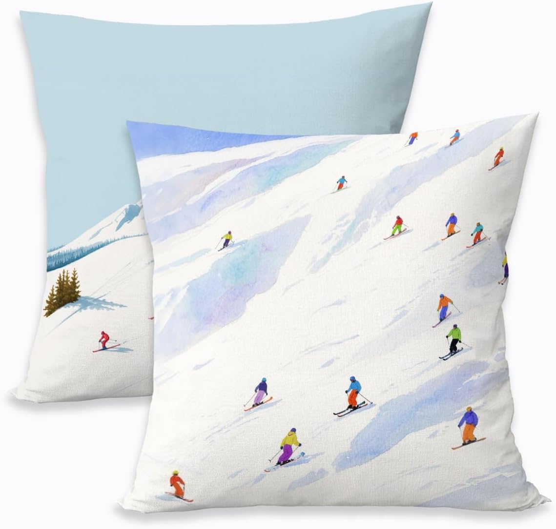 2 Pcs Mountain Ski Lift Throw Pillow Cushion Covers, White Winter Time Snow Landscape Resort Decorative Square Accent Pillow Case, Gifts for Women Friend Sister Coworker Birthday Christmas