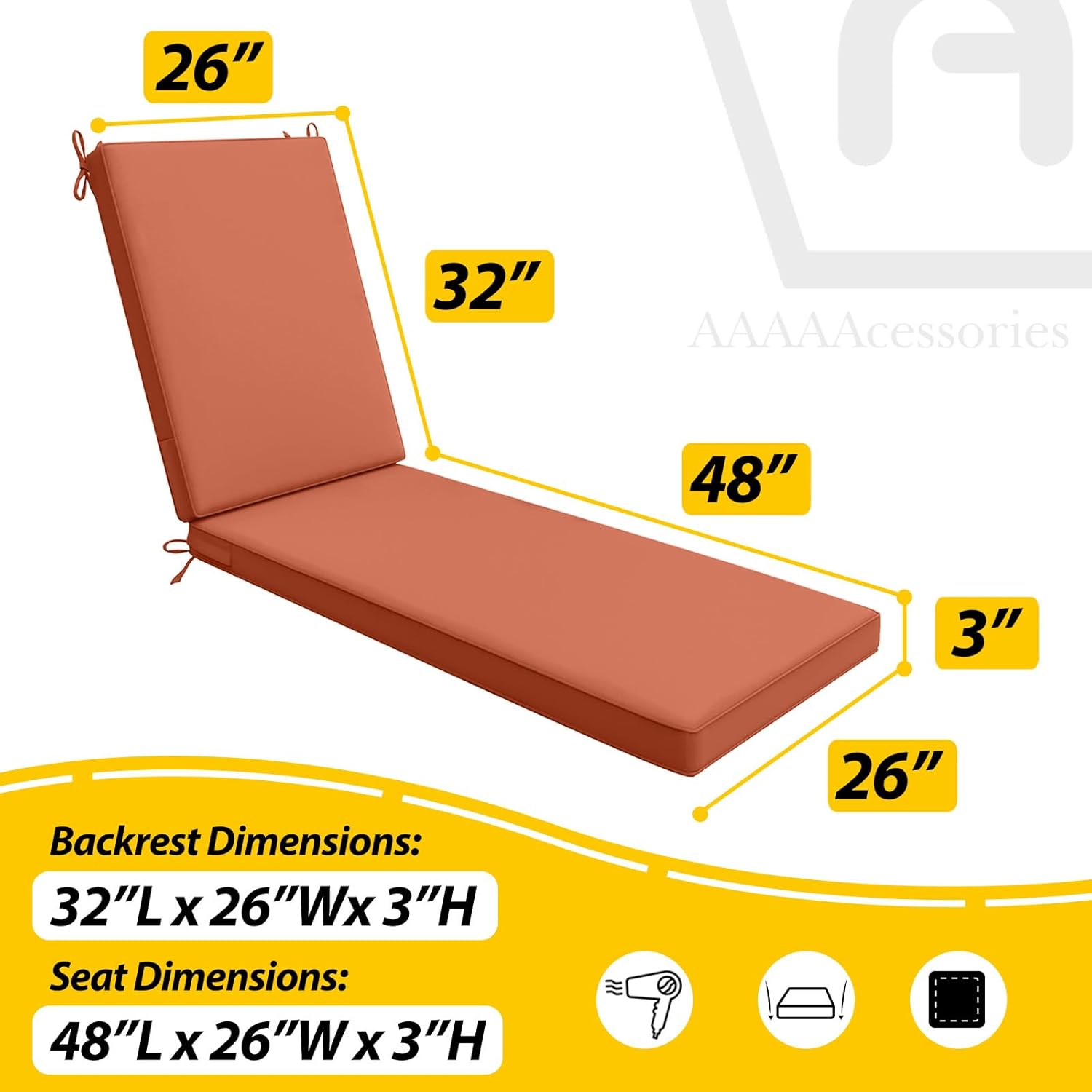 AAAAAcessories Outdoor Chaise Lounge Cushions, Waterproof, Fade-Resistant Patio Furniture Replacement Cushions, 80" x 26" x 3", Rust