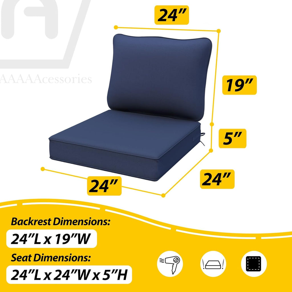 AAAAAcessories Outdoor Deep Seat Cushions, Waterproof, Fade-Resistant Patio Furniture Replacement Cushions, 24" x 24" x 5", Set of 2, Navy Blue