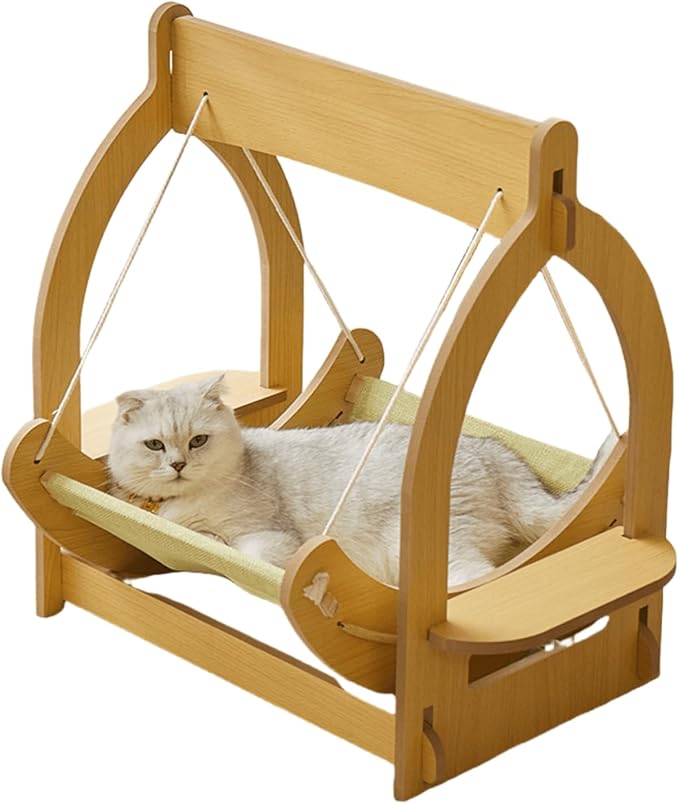 2 in 1 Wooden Cat Hammock, Comfortable and Breathable Hanging Cat Bed with Soft Mattress and Pillow，Suitable for Cats or Small Dogs