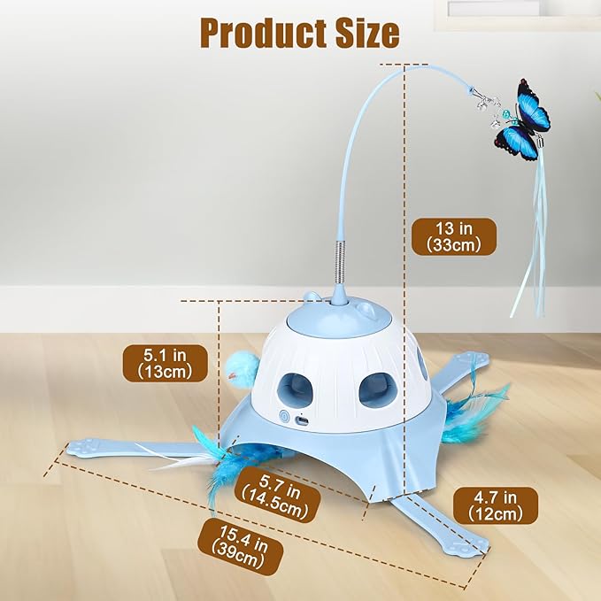 3-in-1 Automatic Cat Toys for Indoor Cats, Fluttering Butterfly, Whack a Mole, Rotating Feather Wand, USB Rechargeable Interactive Feather Toys for Multi-cat Family (Blue)