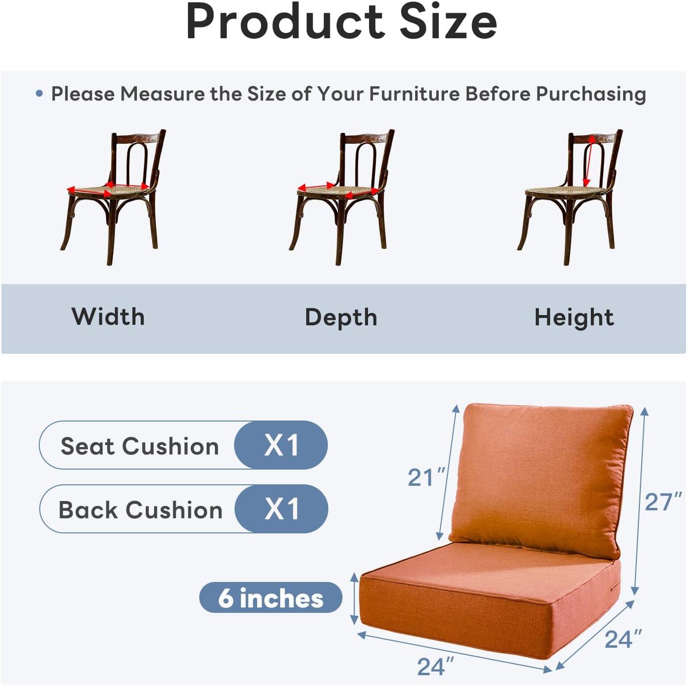 6 inches Thicker Outdoor Chair Cushions Set- 24" *24" *6" Waterproof Patio Furniture Cushions with Removable Cover, 28D High Density Sponge Filling Thicken Outdoor Patio Cushions - Orange