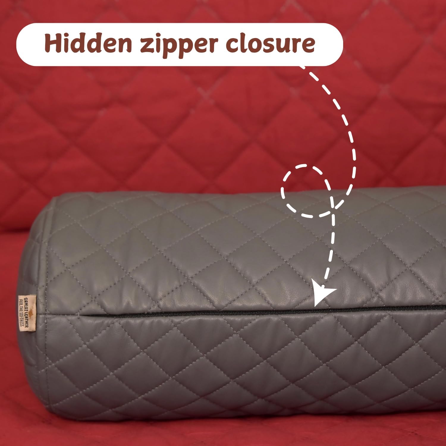 Neck Roll Pillow Cushion Cover, 22x7 Inch Full Moon Round Bolster Pillow Case, Cylinder Soft Lambskin Leather Pillowcase for Head, Spine & Neck Support During Sleep - Quilted Grey Pack of 1