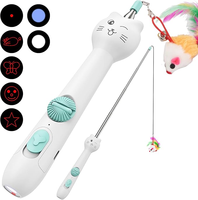 TBTeek Cat Toy, 2in1 Light and Retractable Pole with Feather, Rechargeable, Long Range 5 Modes, Interactive Toy for Indoor Cat Kitten Dog