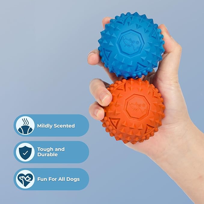 Best Pet Supplies Tough Dog Toys for Aggressive Chewers - Squeaky Dog Toys, Non-Toxic Spiky Ball for Dental Health, Interactive Toy, Pack of 2, Blue, Orange (M:2.5")
