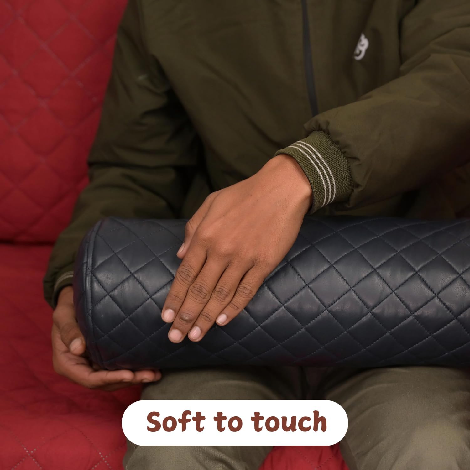 Neck Roll Pillow Cushion Cover, 14x6 Inch Full Moon Round Bolster Pillow Case, Cylinder Soft Lambskin Leather Pillowcase for Head, Spine & Neck Support During Sleep - Quilted Gun Metal Blue Pack of 1