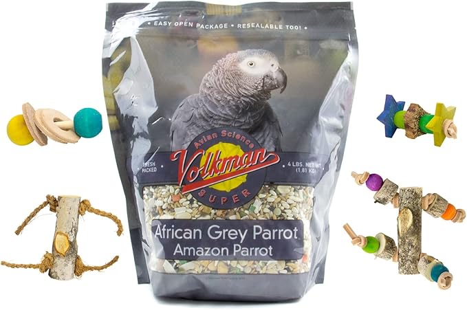 Volkman Avian Science Super African Gray Parrot Food with Foot Toys for Large Birds, Bird Food African Grey Parrot Treats with Foot Roller - 4 Lbs. (1Toy, Toys May Vary)