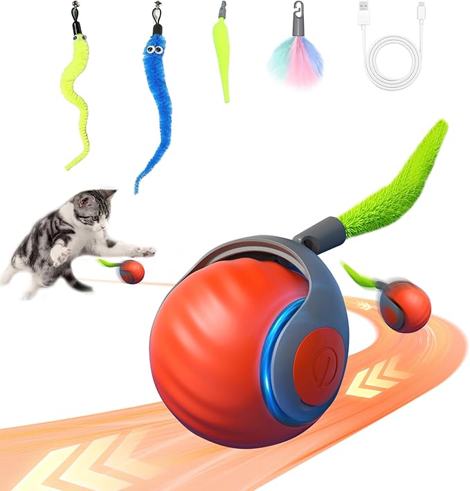 2025 New Upgrade Speedy Tail Cat Toy, Smart Interactive Pet Toys Comes with 4 Tails, Reinforced Version of The Cat Toys Balls, Two Speed Adjustment (Orange)