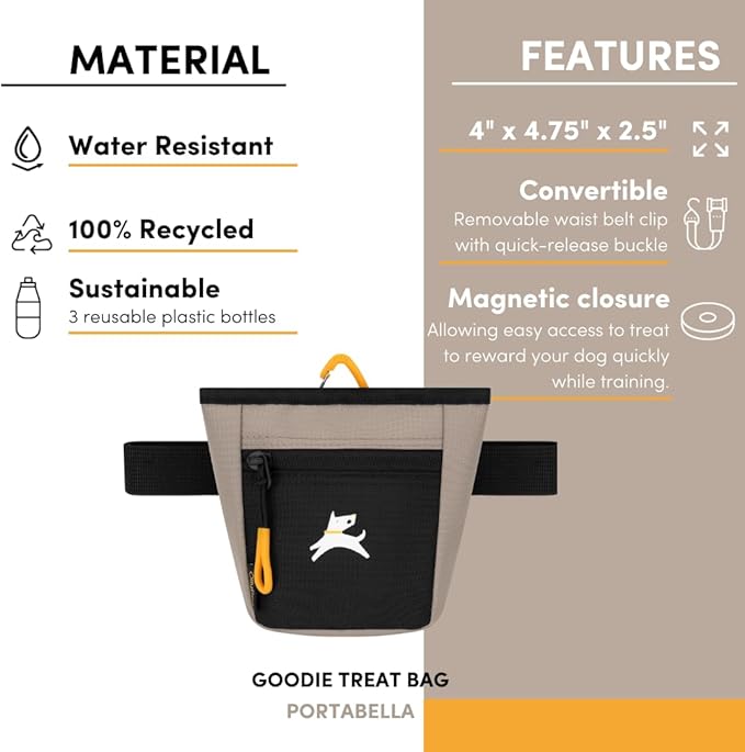 OllyDog Goodie Treat Bag, Dog Treat Pouch, Waist Belt Clip for Hands-Free Training, Magnetic Closure, Dog Training and Behavior Aids, Three Ways to Wear (Portabella)