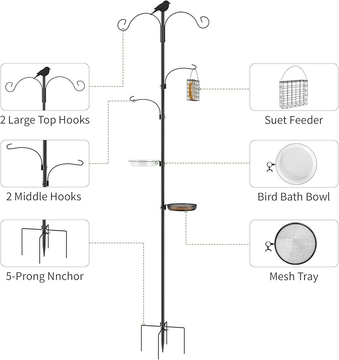 Bird Feeder Pole, 91in 4 Hook Bird Feeding Station with Adjustable Shepherds Hooks, Birds Feeder for Outdoors with Pole 5 Prongs Base Attracting Wild Birds (ATR Deco, Black 91in)
