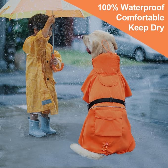 Dog Raincoat Waterproof Dog Rain Coat with Hoodile, Reflective Adjustable Lightweight Pet Rain Jacket for Medium Large Dogs(Orange, 6XL)