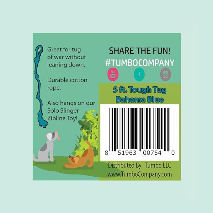 Tumbo Tough Tug Rope Dog Toy - (5 ft Long Strong and Durable Rope Pull Toy with Handle) TUG of WAR Dog Toy (Bahama Blue)