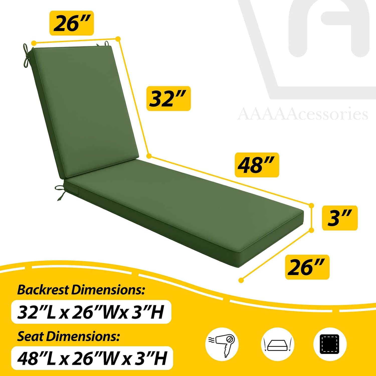 AAAAAcessories Outdoor Chaise Lounge Cushions, Waterproof, Fade-Resistant Patio Furniture Replacement Cushions, 80" x 26" x 3", Set of 2, Dark Moss Green