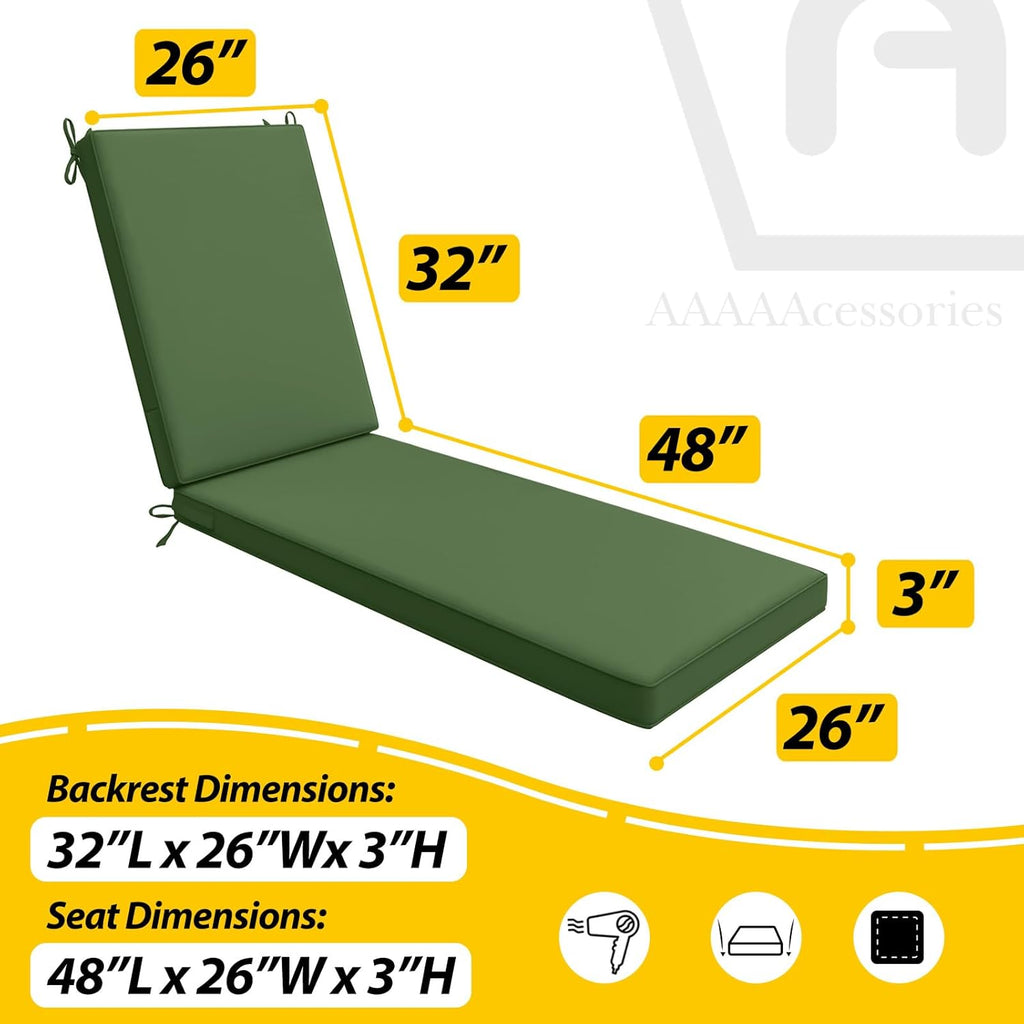 AAAAAcessories Outdoor Chaise Lounge Cushions, Waterproof, Fade-Resistant Patio Furniture Replacement Cushions, 80" x 26" x 3", Dark Moss Green