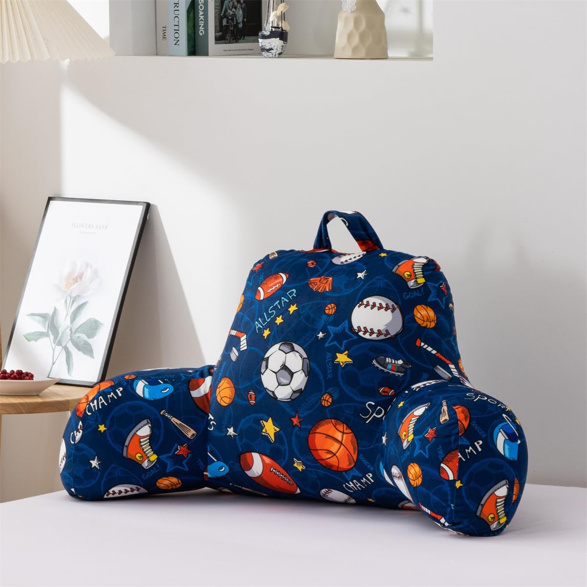 NTBED Sport Ball Collection Printed Reading Pillow Bed Wedge Backrest with Arms, Couch TV Relax Bed Rest Pillow Back Support Cushion for Kids Teens Boys Girls