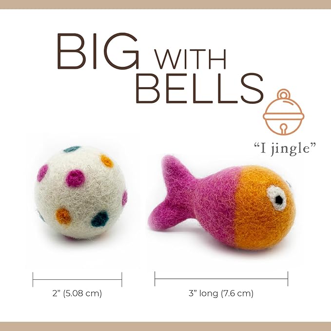 Hustle & Blush Wool Felt Balls 3 Pack Love Ewe Pet Supplies - 2 in Felted Wool Cat Toys 100% New Zealand Wools Felt Cat Toys Handmade Wools Felts Balls, Cats Felts Ball with Bell - Hook, Line & Jingle