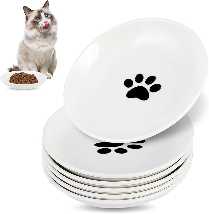 6 Pack Cat Food Bowl, Ceramic Cat Bowls, Anti Whisker Fatigue Cats Bowl Set,5.5 Inches Shallow Wide Kitten Plates for Food and Water (Cat's Paw Style)