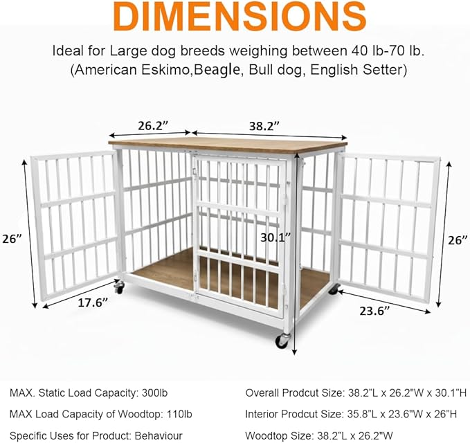 48/42/38 Dog Crate Furniture, Heavy Duty Dog Kennel Indoor for Large Dogs, Escape-Proof and Chew-Proof Wooden Dog Cage for high Anxiety Dog, Decorate House as TV Stand, End Table
