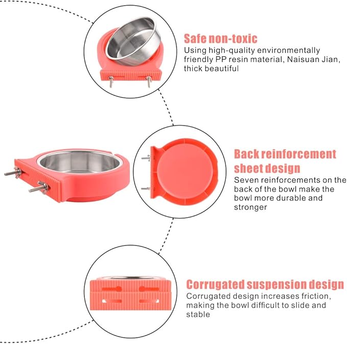 Crate Dog Bowl Removable Stainless Steel Water Food Bowls Cage Coop Cup for Cat Puppy Bird Pets (Large, Pink Orange with Corrugated Clip)