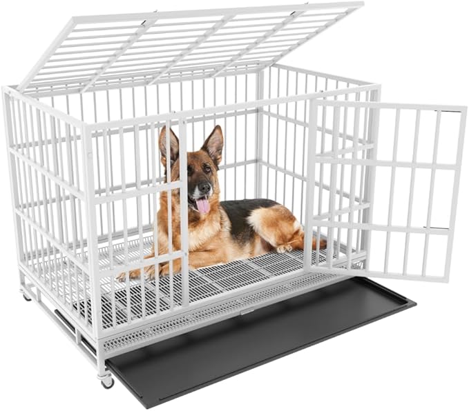 48/42/38 inch Heavy Duty Indestructible and Escape-Proof Dog Crate Cage Kennel for Large Dogs, High Anxiety Dog Crate with Removable Wire Trays and Wheels, Extra Large XL XXL