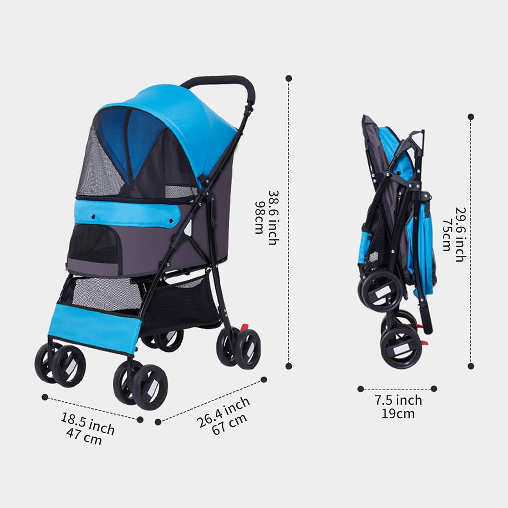 4 Wheels Pet Stroller,Easy-Foldable Dog Cat Cage Jogger Stroller with Weather Cover for All-Season,Storage Basket and Visible Mesh for Small/Medium Pets up to 33lbs (Blue)