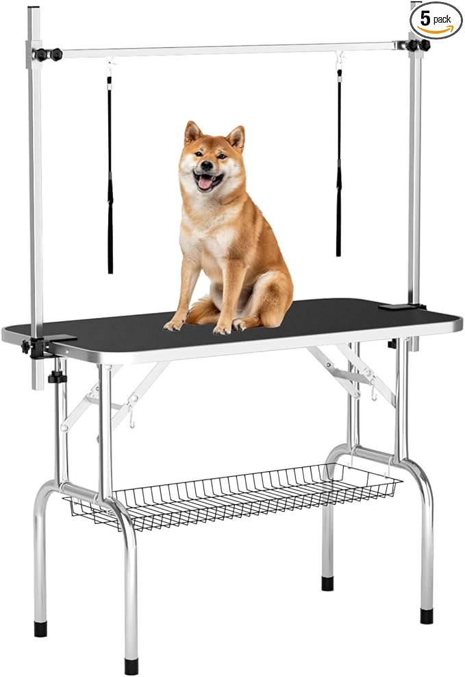 46'' Dog Grooming Table for Large Dogs, Foldable Professional Grooming Table for Dogs at Home with Double Loops/Mesh Tray/Adjustable Arm, Capacity up to 330lbs, Black